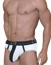 White and black mesh big boy pouch brief with stripe featuring wildman logo on elastic waistband with bold design