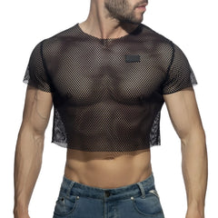 Black mesh crop top with short sleeves featuring a small rectangular chest patch for stylish casual wear