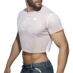 White mesh crop top with short sleeves and a small rectangular patch on the chest for stylish summer wear