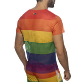 Mesh rainbow t-shirt with fitted design featuring rainbow stripes and short sleeves in breathable mesh fabric