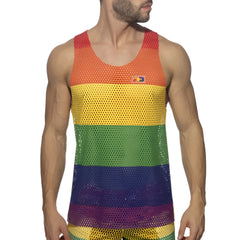 Mesh rainbow tank top with rainbow stripes and a small logo on the upper left chest in breathable fabric