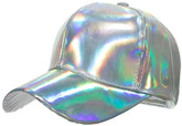 Metallic baseball cap with a shimmering holographic finish shifting between silver and rainbow hues available in four colors
