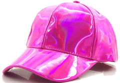 A shiny holographic pink metallic baseball cap with curved brim and stitched seams for casual wear