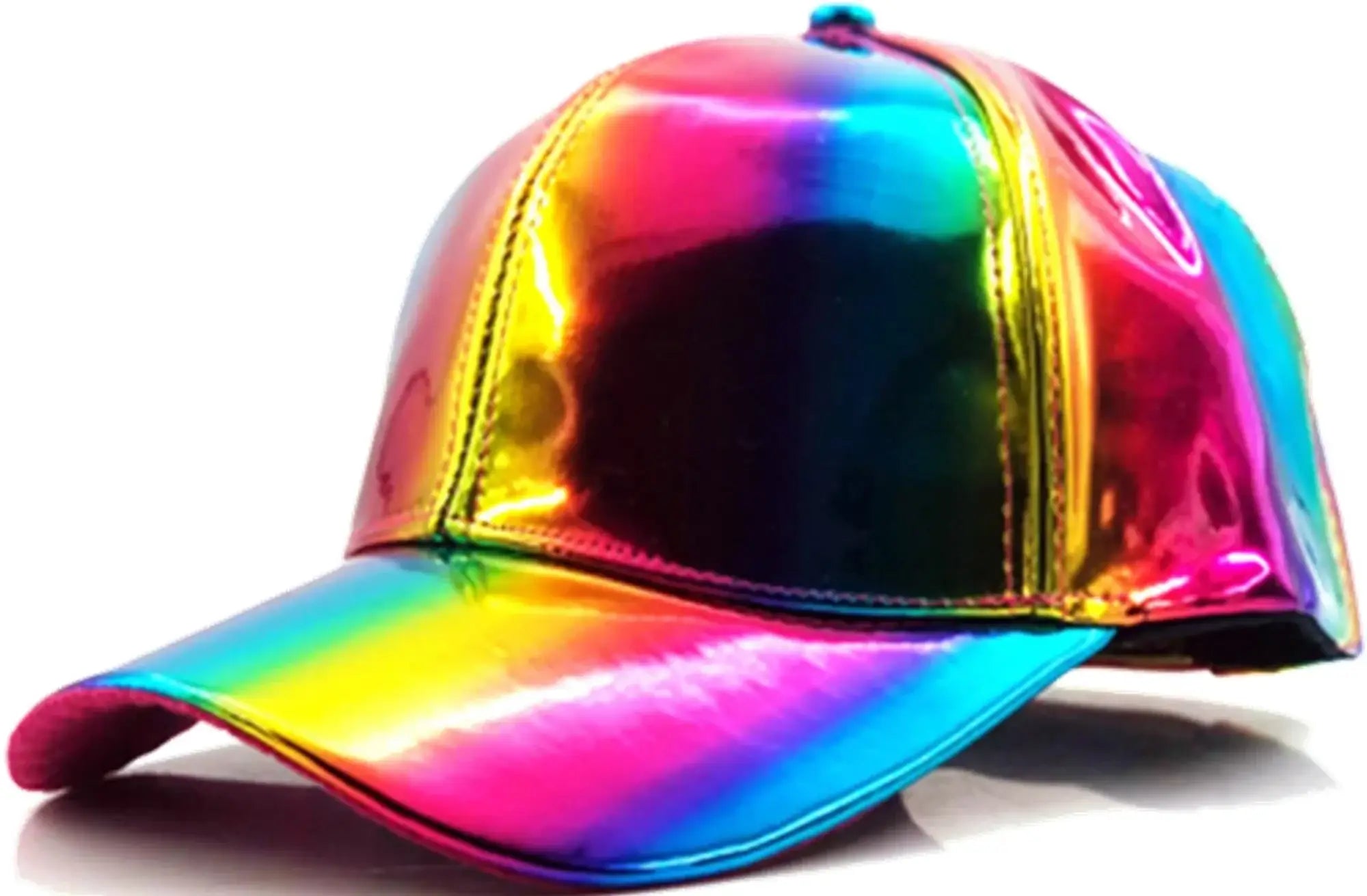 A metallic baseball cap with a shiny glossy iridescent finish and rainbow hues perfect for stylish casual wear