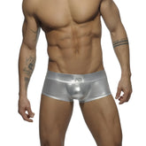 Shiny silver metallic boxer briefs with a sleek form-fitting design and subtle logo on the waistband
