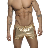 Shiny gold metallic swim trunks metallic short with drawstring waistband and side pockets for swimming and beachwear