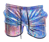 Metallic snake pocket shorts with iridescent blue and pink snake-scale pattern and black drawstrings