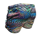 Vibrant multicolored metallic zebra pocket shorts with a glittery abstract pattern featuring zebra and leopard motifs