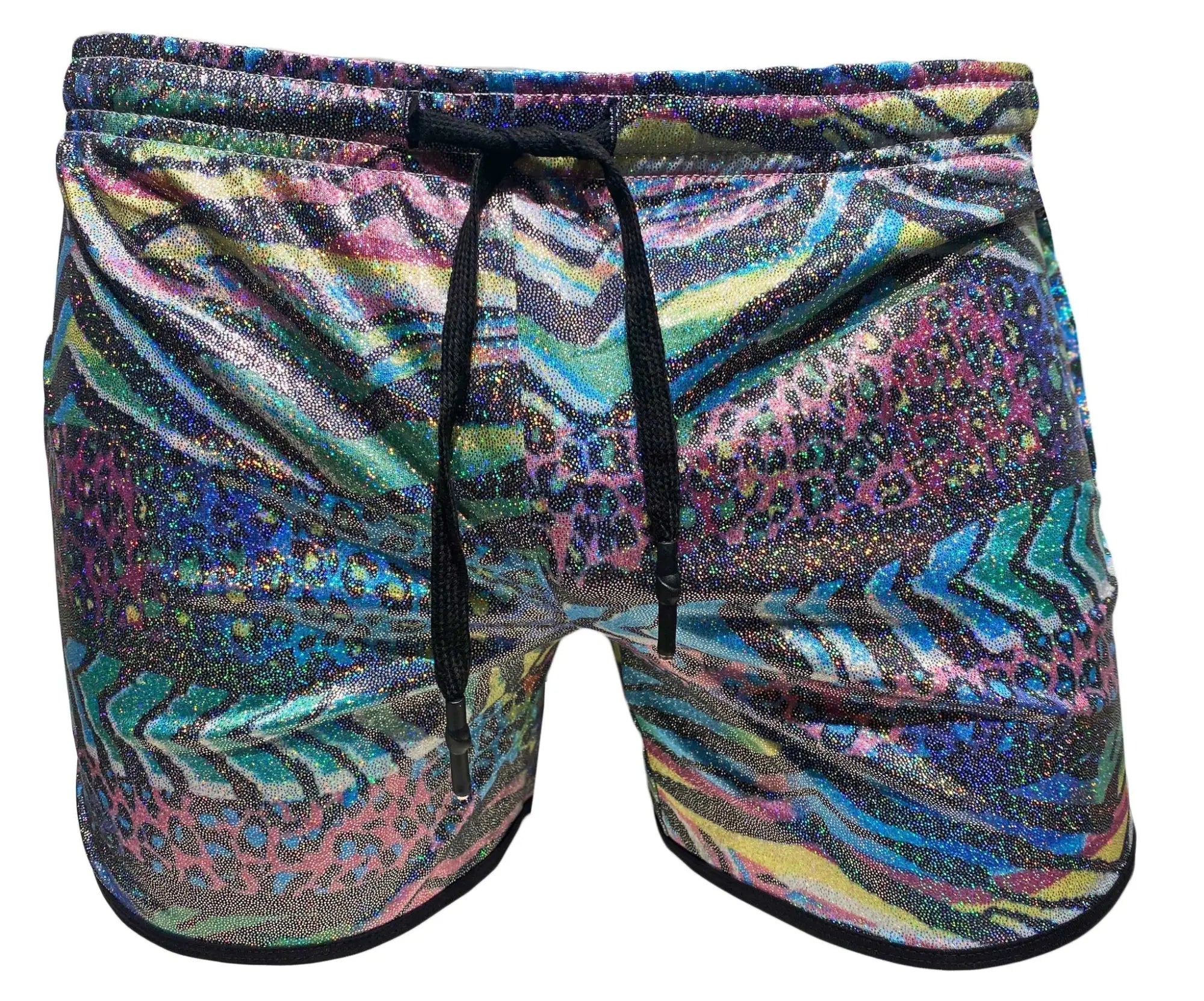 Vibrant metallic zebra pocket shorts with shimmering abstract pattern in blue green pink and purple shades