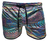 Vibrant metallic zebra pocket shorts with shimmering abstract pattern in blue green pink and purple shades