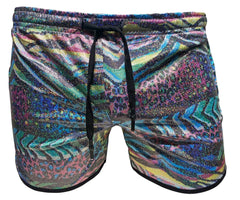 Vibrant metallic zebra pocket shorts with shimmering abstract pattern in blue green pink and purple shades