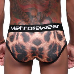 Black and copper leopard print briefs with a black waistband featuring the metronewear logo by MetroMaleWear