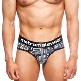 Black and gray geometric patterned men’s briefs with metromalewear waistband metroMaleWear 365 Hip Brief Basalto 9005-23