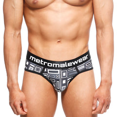 Black and gray geometric patterned men’s briefs with metromalewear waistband metroMaleWear 365 Hip Brief Basalto 9005-23