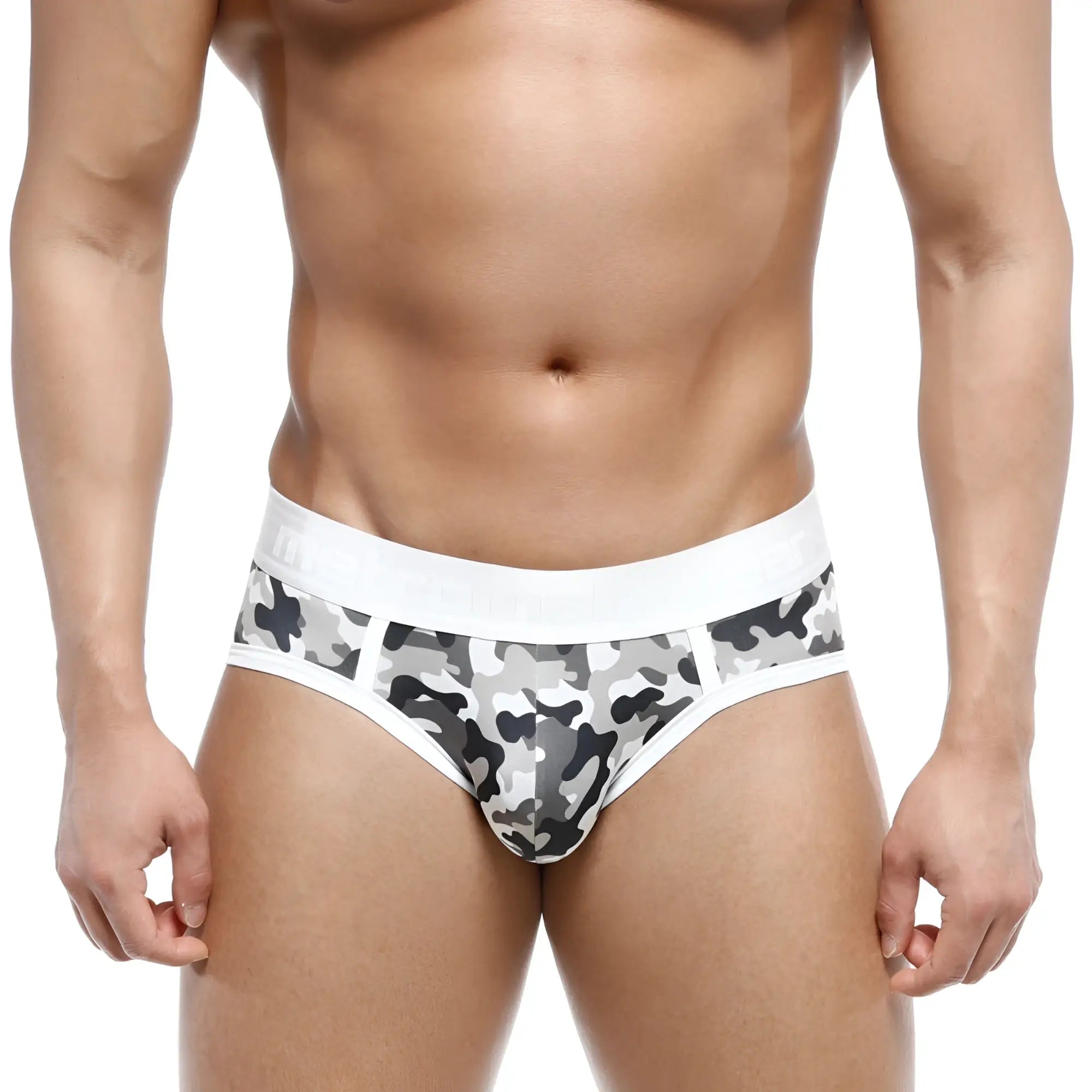 MetroMaleWear 365 hip brief camo 9005-90 gray and black camouflage pattern with white elastic waistband