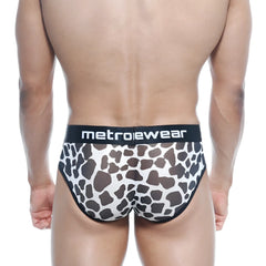 MetroMaleWear 365 hip brief Dalmatian black and white cow print with black elastic waistband featuring MetroWear logo