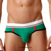Green MetroMaleWear 365 hip brief with white waistband red and black stripes and cybok embroidered on the side