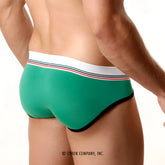 MetroMaleWear 365 hip brief green with white waistband striped red and blue, black trim for comfortable everyday wear