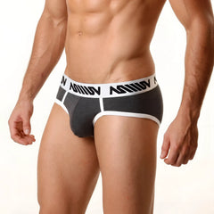 Dark gray mens briefs metroMalewear 365 hip brief with white elastic waistband and black nation branding