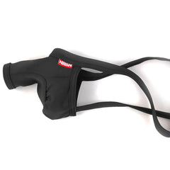 Black neoprene swim trunks metroMalewear 3d chaps thongs with red aquav logo patch on the side