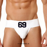 White cotton rib classic jock strap with bold black 69 logo on waistband by metamalewear