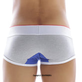 Back side of metroMaleWear 69ers boxer grey 7014-10 gray heathered briefs with white elastic waistband red trim and blue design