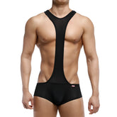 Black mesh and fabric wrestling singlet with central y-back design from MetroMaleWear Acme Singlet Black 0010-20 back view