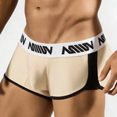 Beige and black MetroMaleWear Active Boxer Gold 3327-21 athletic briefs with white waistband and bold black miiow branding
