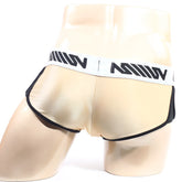 Beige satin MetroMaleWear Active Boxer Gold 3327-21 briefs with black trim and white waistband featuring bold black lettering