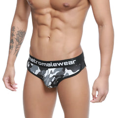 Black and gray camouflage men’s briefs with black elastic waistband branded metromalewear metro male wear active brief camo 3303-60