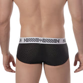 MetroMaleWear active mesh hip brief black with white elastic waistband and gray lettering in black mesh material