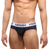Navy blue mesh MetroMaleWear active hip briefs with a white elastic waistband featuring gray miiow branding
