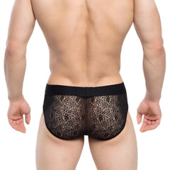 MetroMaleWear Agnes brief black 5003-34 black lace briefs with floral pattern and solid black elastic waistband