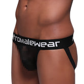 Black chromalewear briefs with white metro male wear logo on waistband front view metro male wear alba jock strap