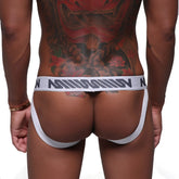 White athletic briefs metro malewear alba jock strap ribbed with bold black n logo waistband band