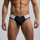 Black and white mesh trimmed brief with red mission brand label from MetroMaleWear Alcala Thong 7102 20