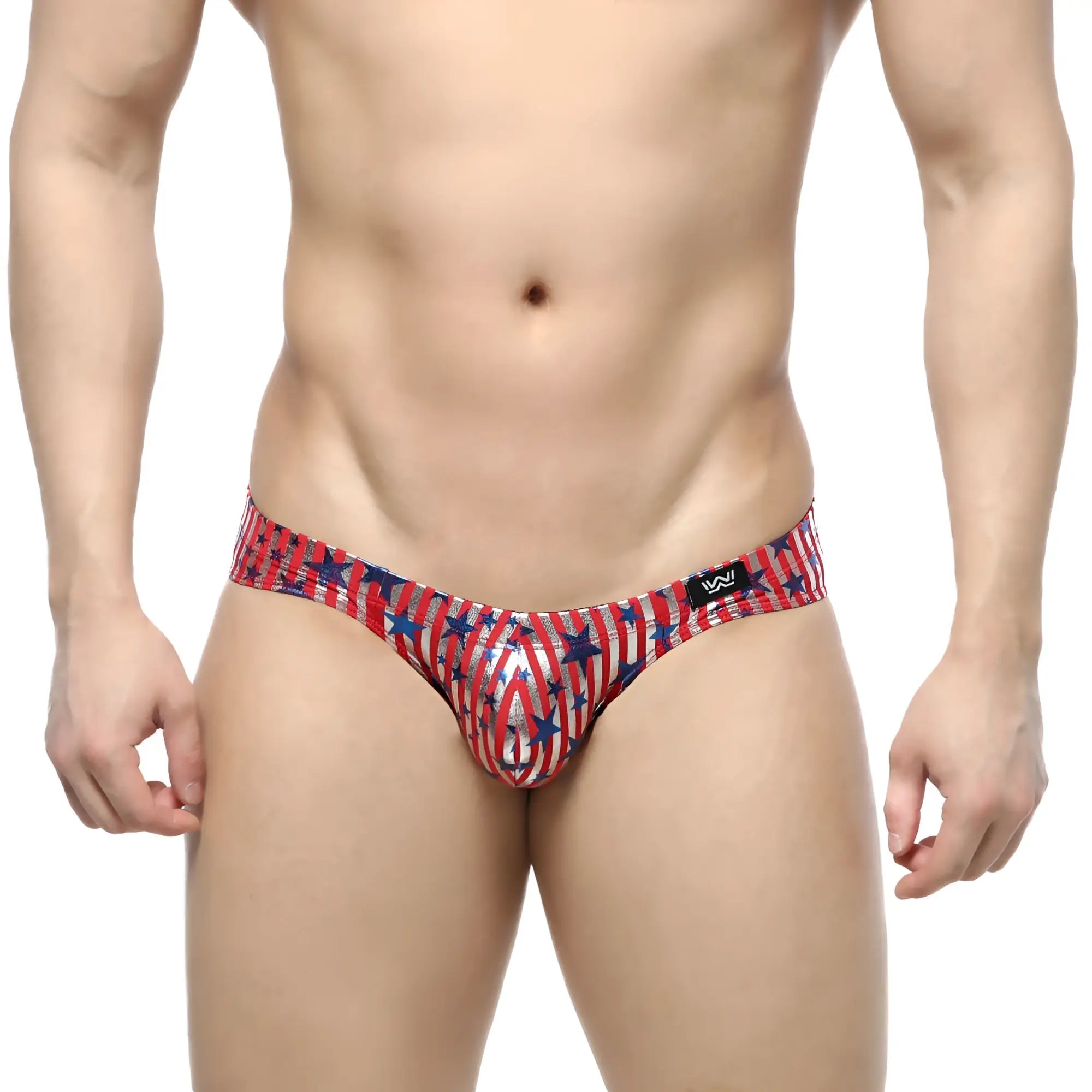 MetroMaleWear Allstar bikini men’s briefs in red white and blue star and stripe pattern with shiny metallic finish