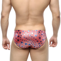 MetroMaleWear Allstar Bikini red swim trunks with red white and blue stripes and star pattern for men’s swimwear