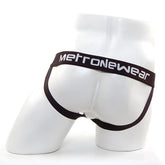Black metro male wear briefs with sleek form fitting design and contrasting white waistband lettering front view