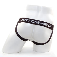 Black metro male wear briefs with sleek form fitting design and contrasting white waistband lettering front view