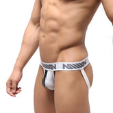 White athletic briefs metro male wear alma jock strap with gray logo band and black trim front view
