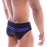 MetroMaleWear Alora swim brief black with two bold blue stripes across the waistband for stylish swimwear use