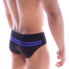 MetroMaleWear Alora swim brief black with two bold blue stripes across the waistband for stylish swimwear use