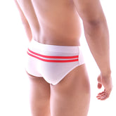 MetroMaleWear Alora swim brief white with bold red waistband stripes designed for comfortable swimwear use
