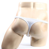 Light gray mesh thong with thin seamless design from metromalewear alucinacion thong 2302-m89 front view