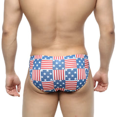 MetroMalewear america bikini 5103-97 swim trunks with red white and blue american flag patchwork design