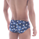 Blue MetroMaleWear American swim brief 4928-90 with white star pattern swim trunks for men