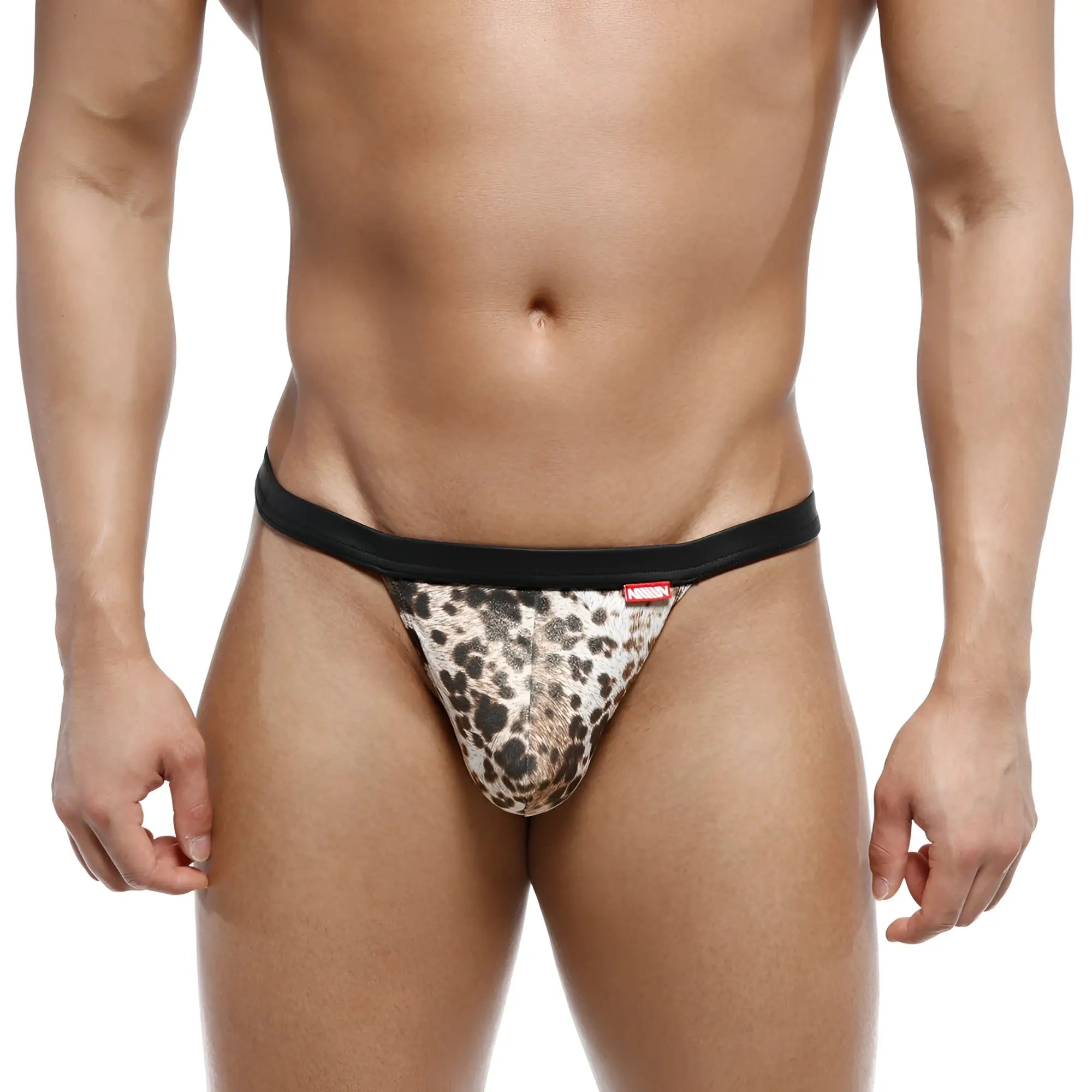 MetroMalewear animal string tiger 1014-62 leopard-print thong with black elastic waistband front view