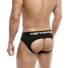 Black metrowear apolo jock strap with white logo band across waistband showing front side