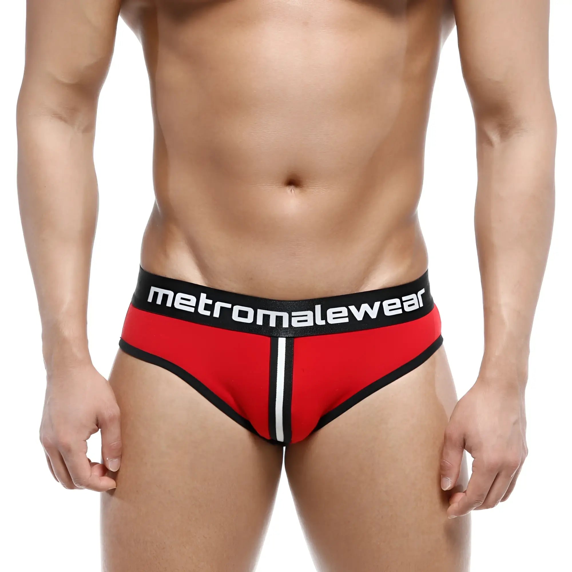 MetroMaleWear Apolo jock strap in red and black with a white vertical stripe down the center front